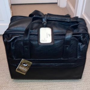 NWT black leather expandable multiple pockets with shoulder strap